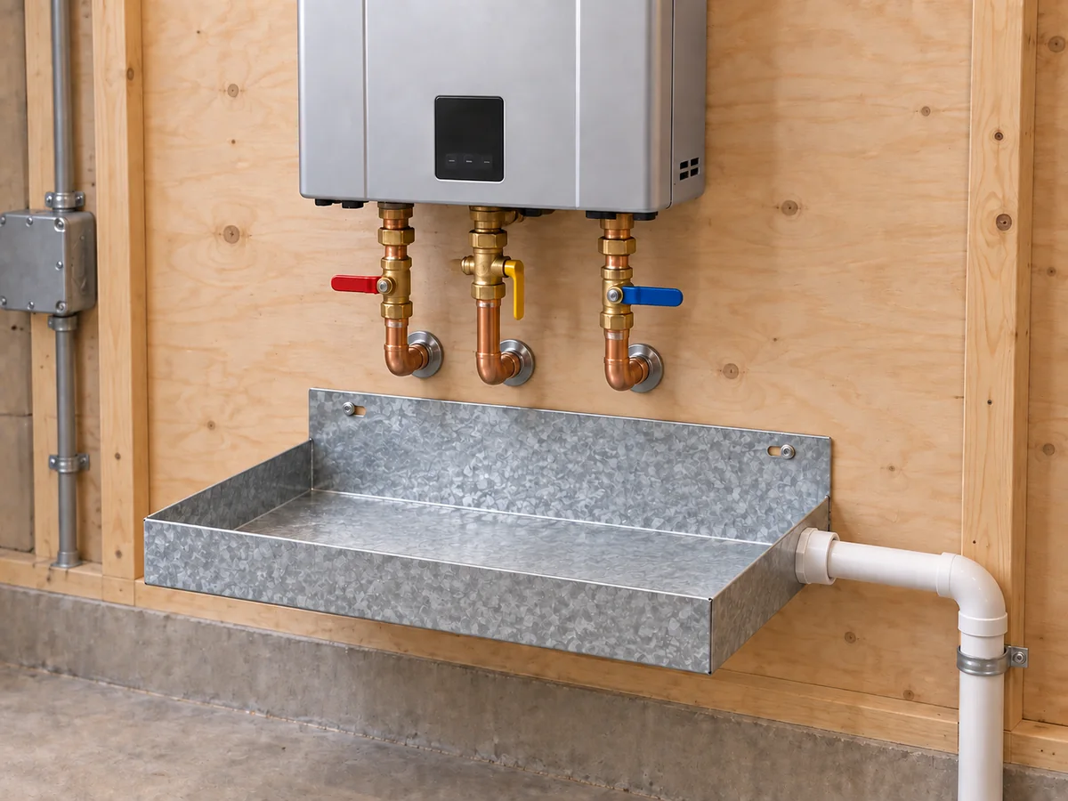 20-inch galvanized wall-mount drain pan in an illustrative water-heater installation