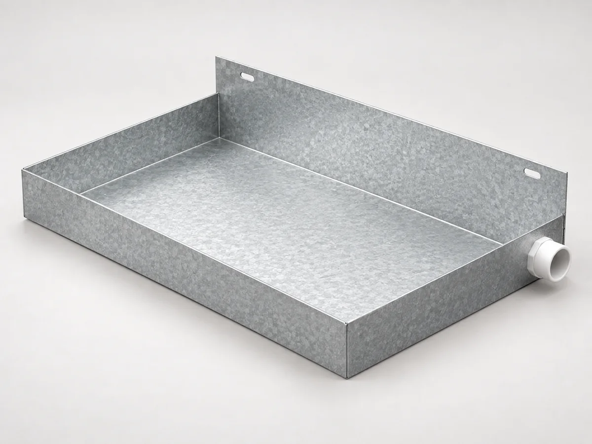 20-inch galvanized wall-mount drain pan on a neutral studio background