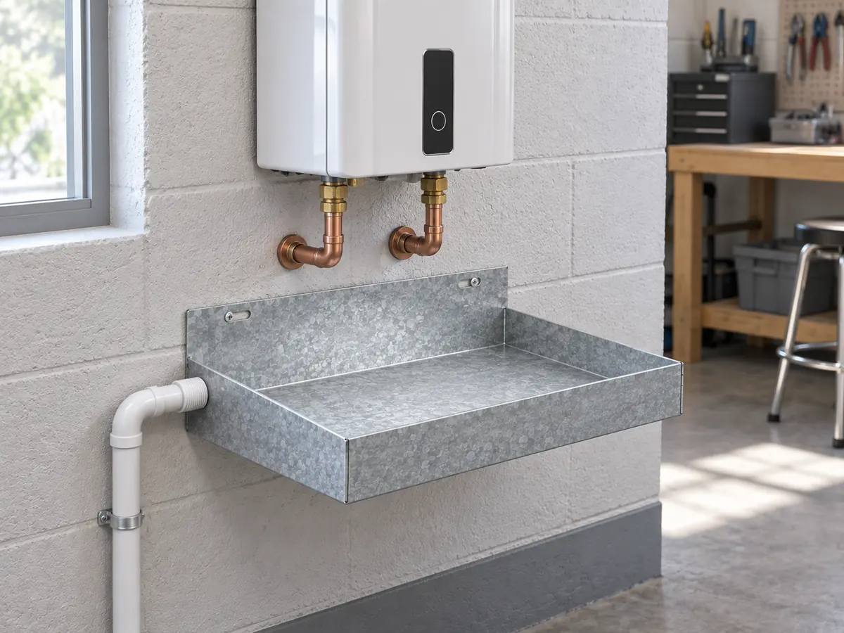 20-inch sloped galvanized wall-mount drain pan in an illustrative water-heater installation