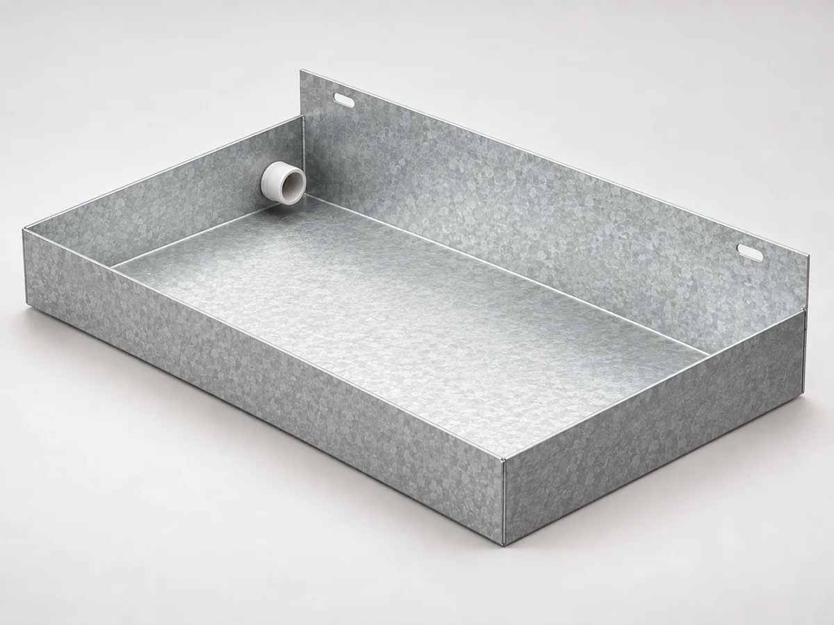 20-inch sloped galvanized wall-mount drain pan on a neutral studio background