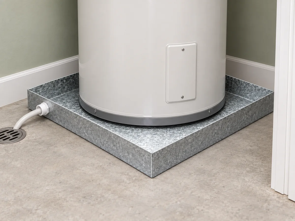 24-inch square galvanized drain pan in an illustrative water-heater installation