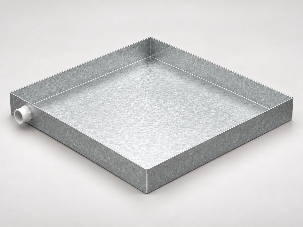 24-inch square galvanized drain pan on a neutral studio background