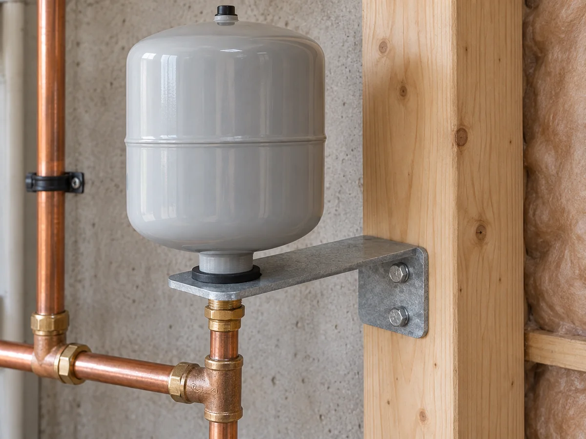 Expansion tank supported by galvanized L bracket and rubber washer beside copper water-service piping