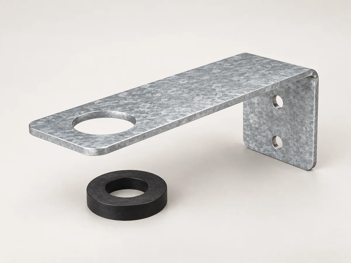 Galvanized expansion tank bracket with separate black rubber washer on neutral background