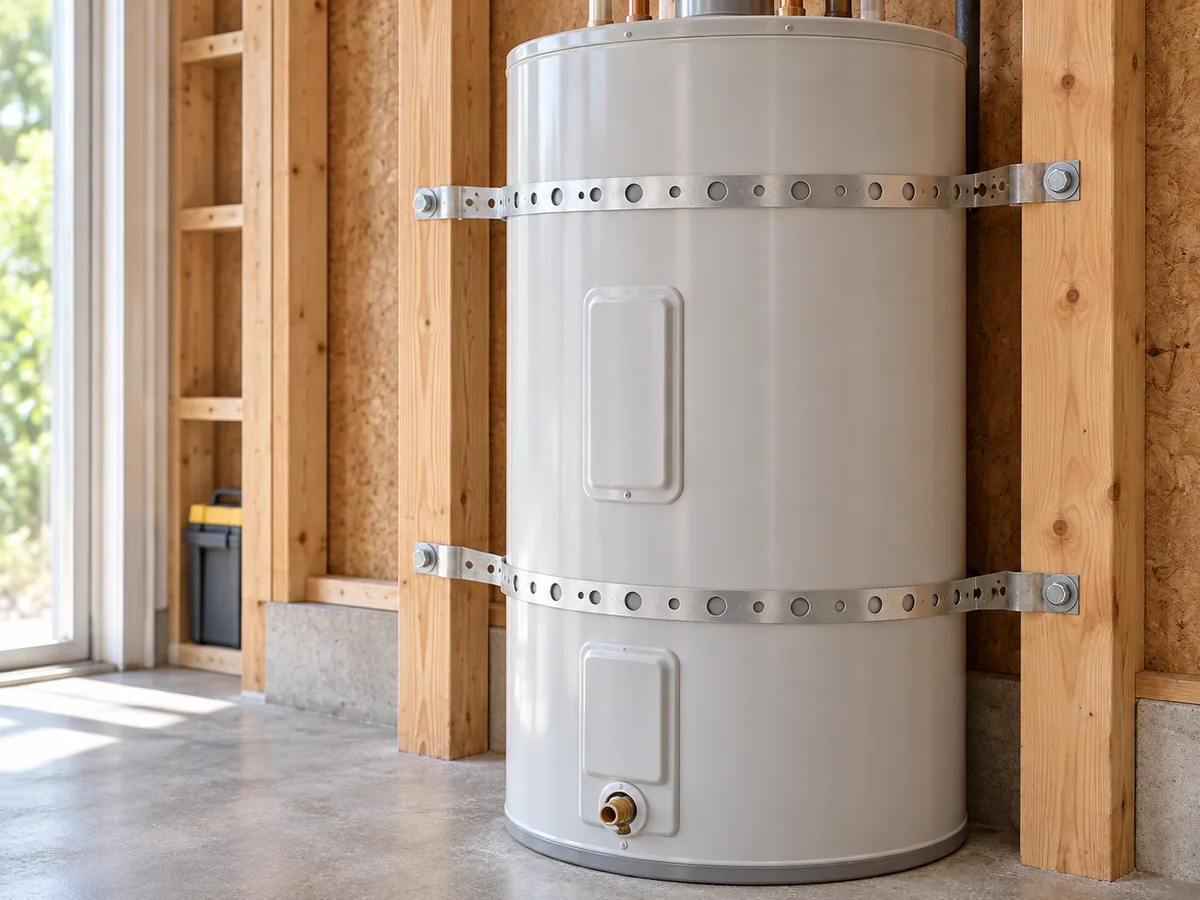 Two galvanized perforated straps securing a floor-supported water heater against vertical framing