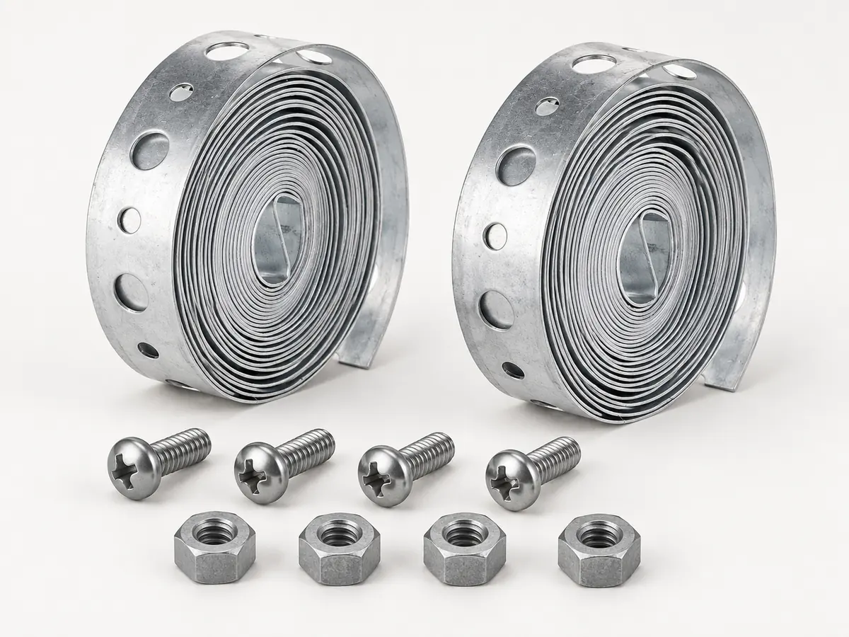 Two coils of galvanized perforated strap with four pan-head screws and four hex nuts