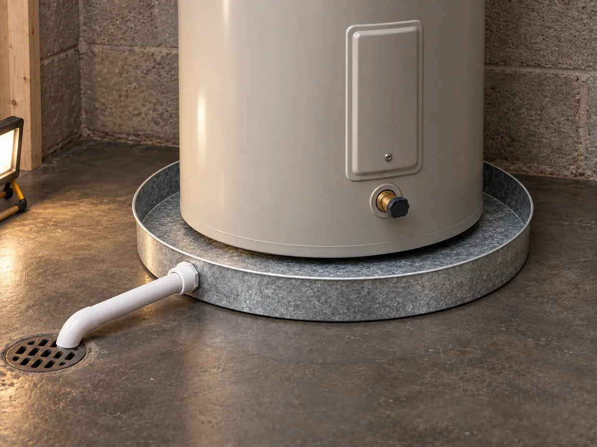 24-inch round galvanized drain pan in an illustrative water-heater installation