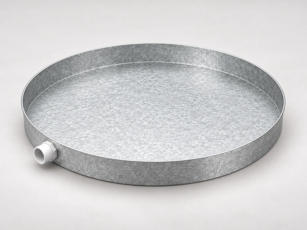 24-inch round galvanized drain pan on a neutral studio background