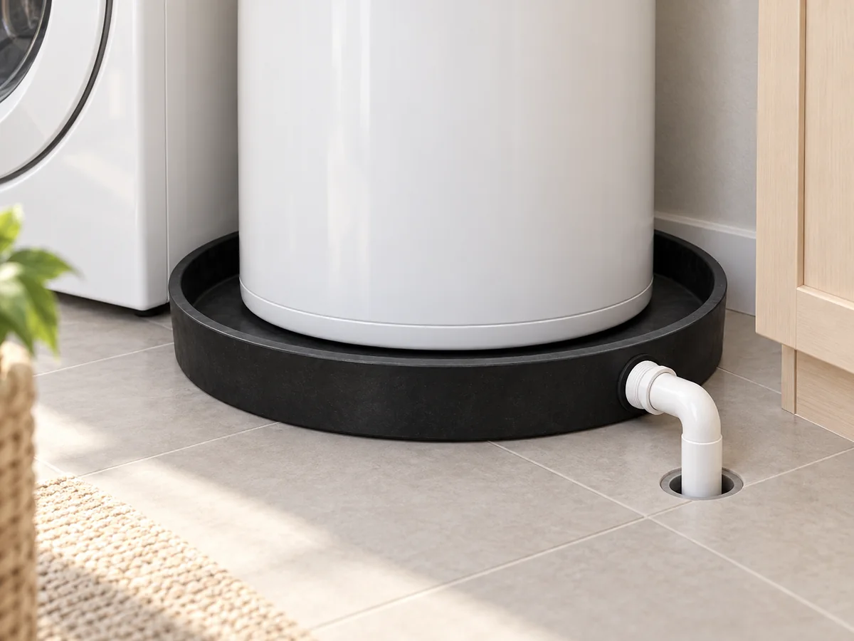 RDP-24-RU black rubber drain pan beneath a compact water heater in a laundry service nook.