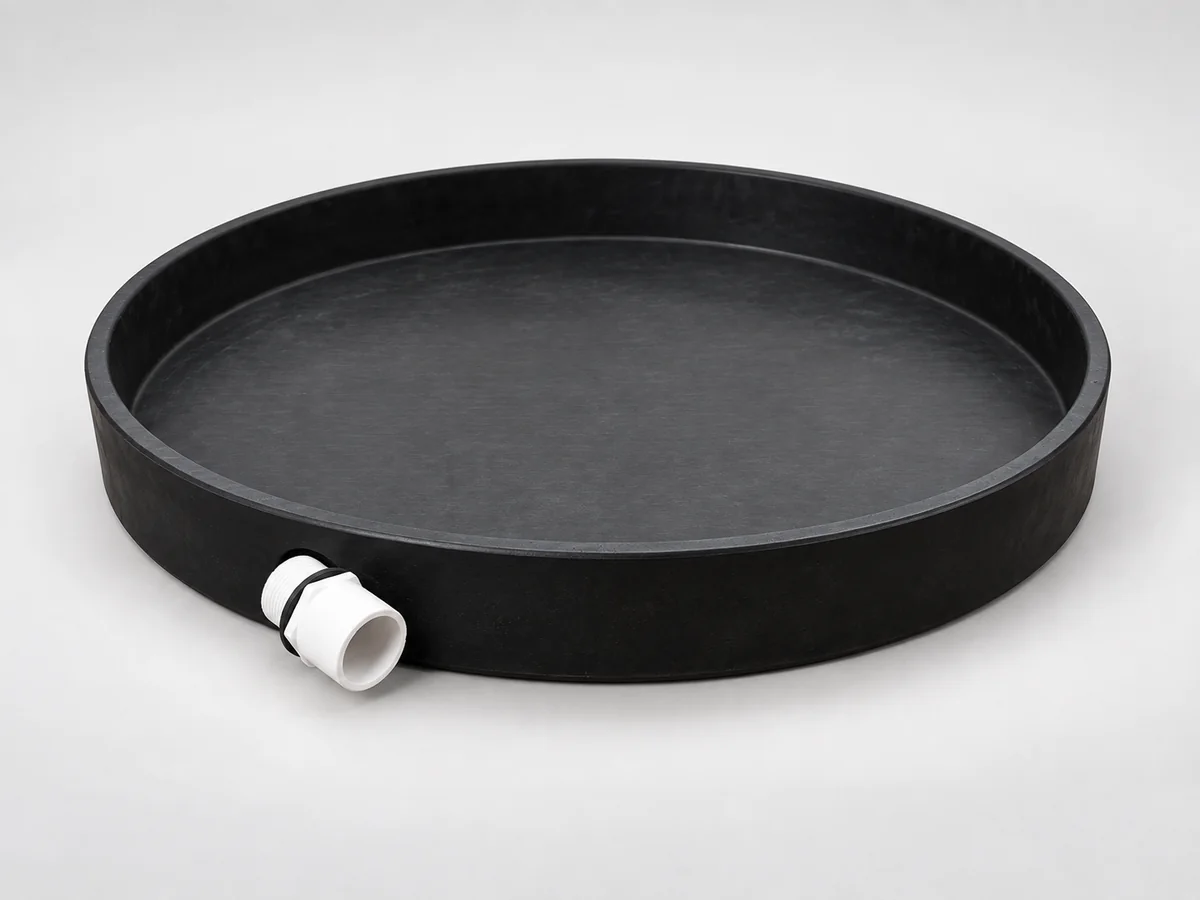 RDP-24-RU 24-inch black natural-rubber round drain pan with included white drain fitting.