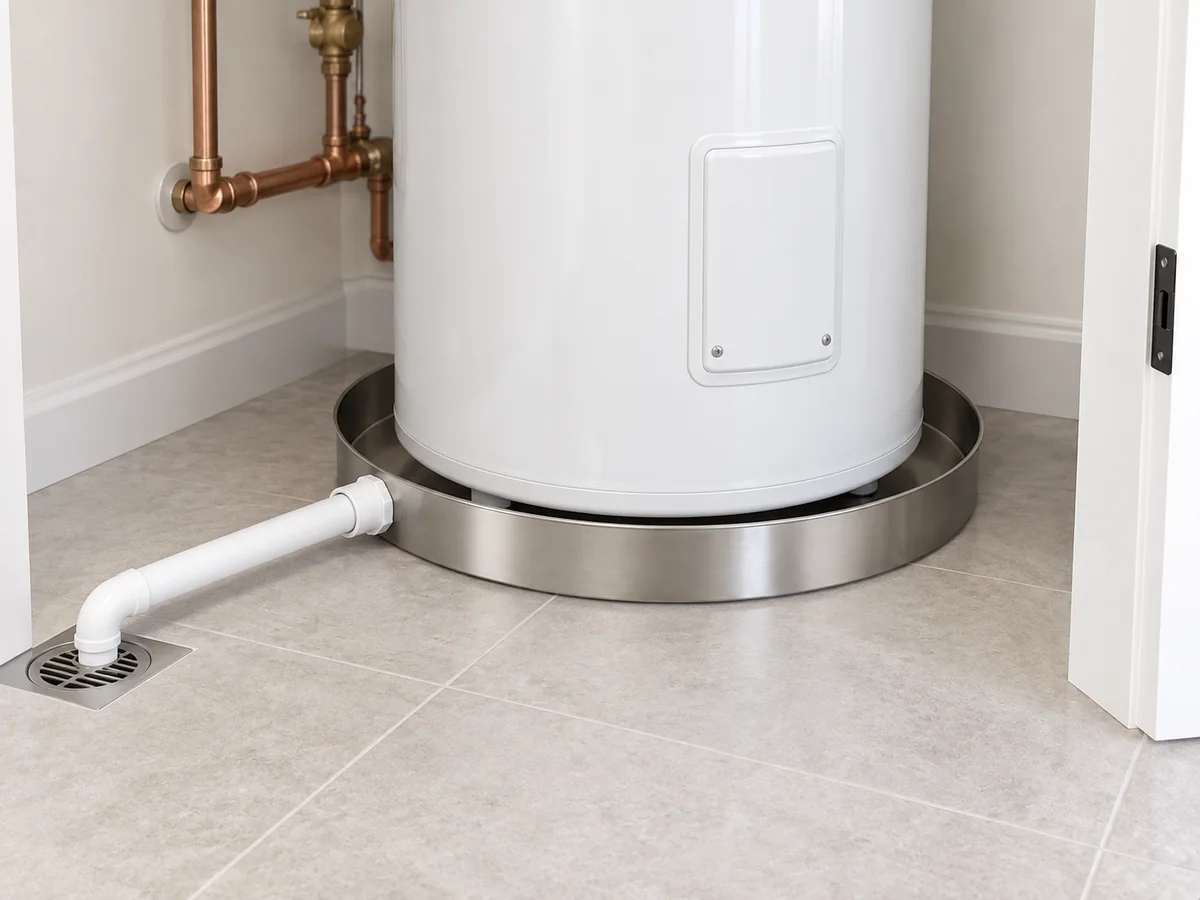 RDP-24-SS stainless round drain pan beneath a compact water heater in a tiled service closet, with side drainage.