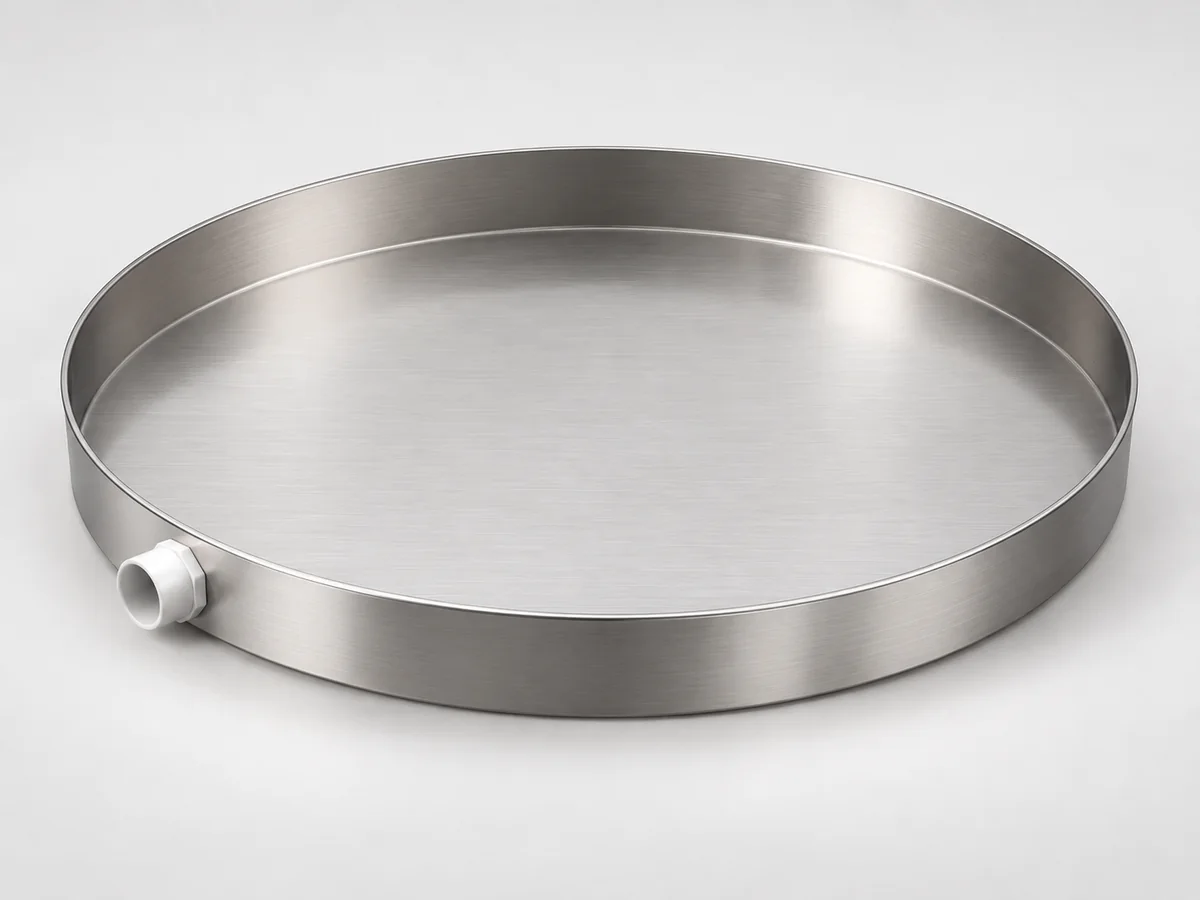 RDP-24-SS 24-inch stainless steel round drain pan with side drain fitting.