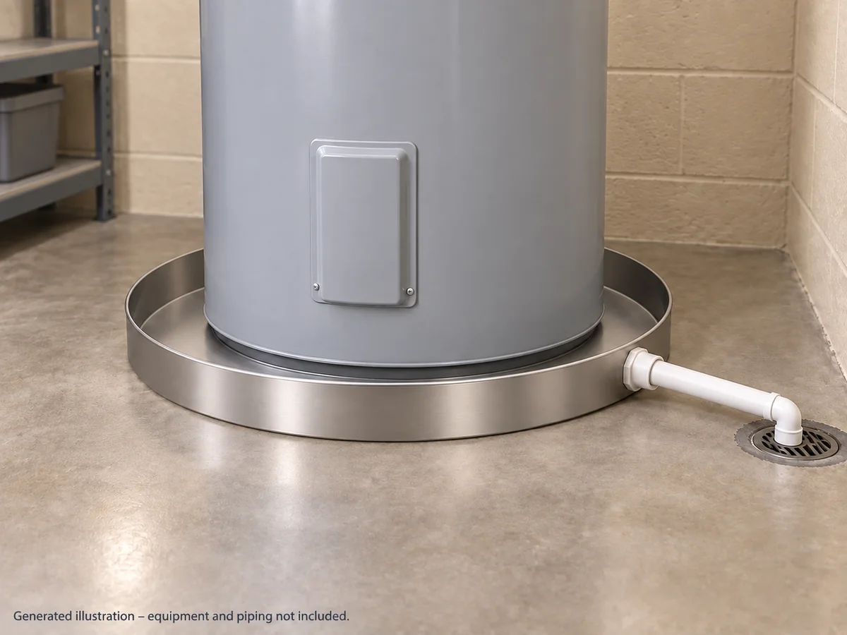 RDP-30-SS stainless drain pan beneath a broad heater in a commercial service room.