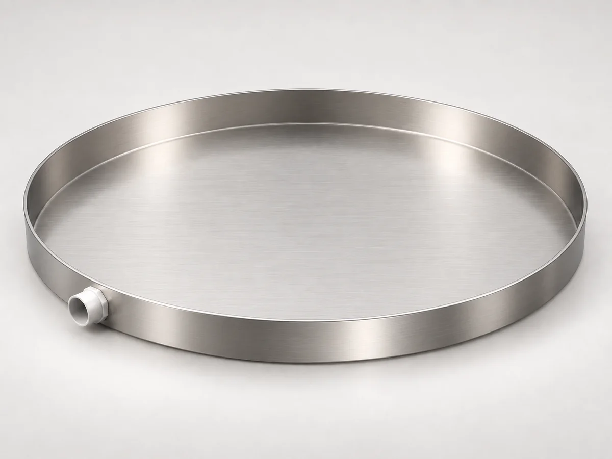 RDP-30-SS 30-inch round stainless steel drain pan with side fitting.