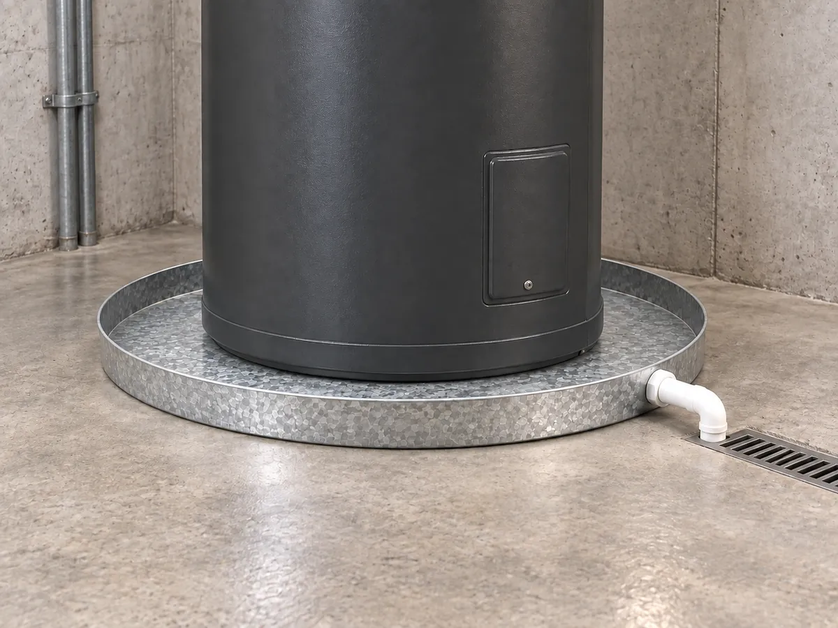 36-inch round galvanized drain pan in an illustrative water-heater installation