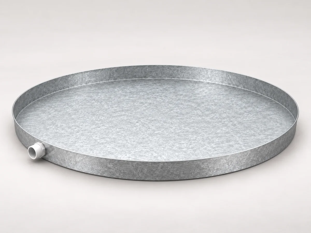36-inch round galvanized drain pan on a neutral studio background
