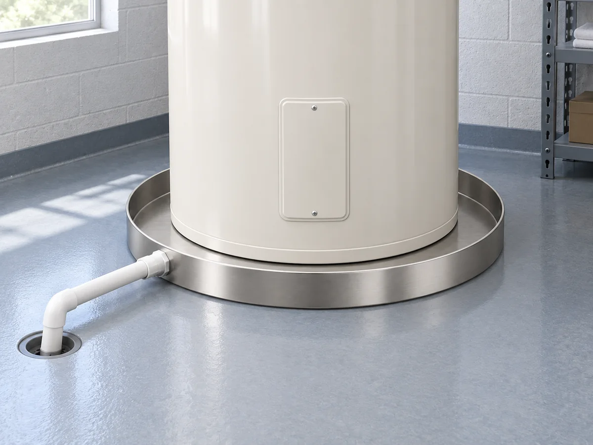 RDP-36-SS large stainless round drain pan beneath a water heater in a commercial service room.