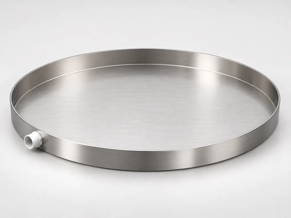 RDP-36-SS large 36-inch round stainless steel drain pan with side fitting.