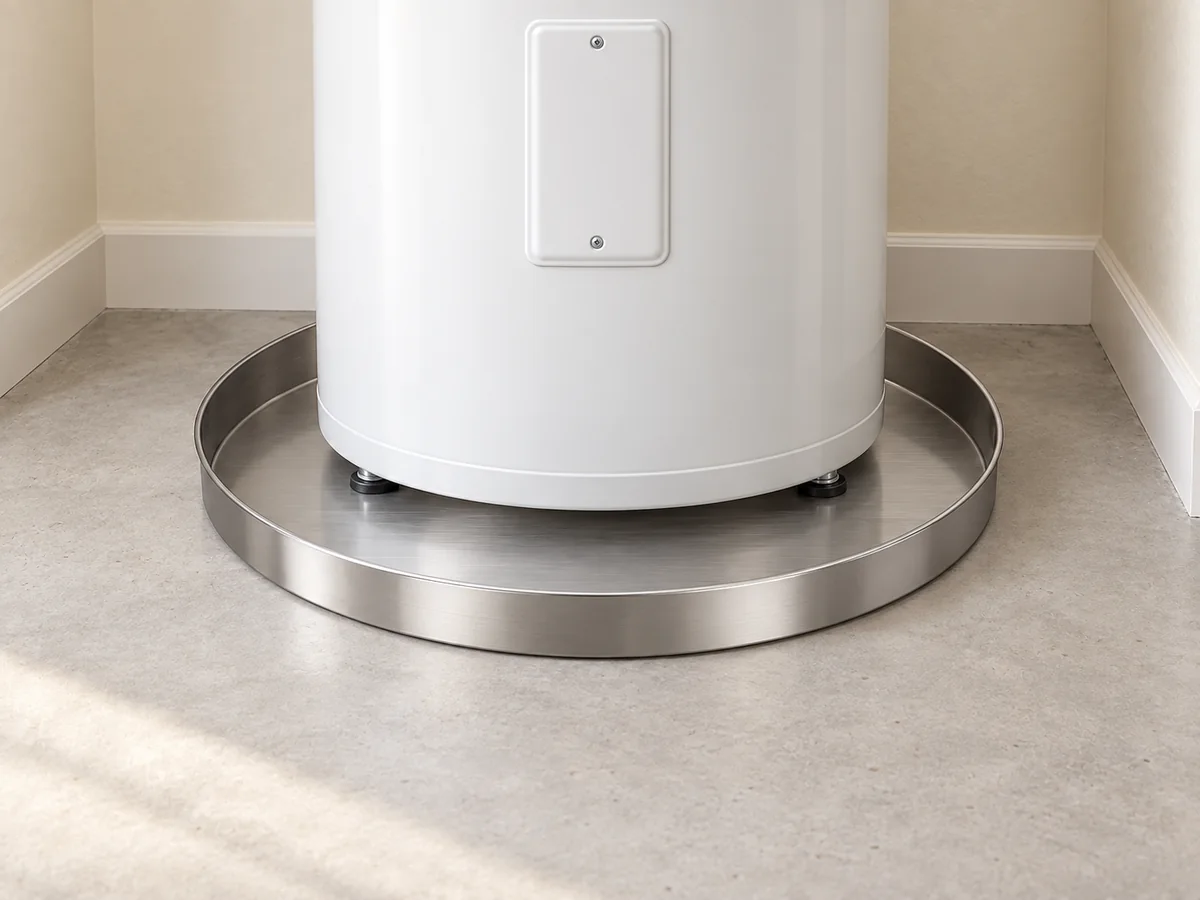 RDRP-25P5-SS stainless no-drain drip pan beneath a compact water heater, with continuous low rim.