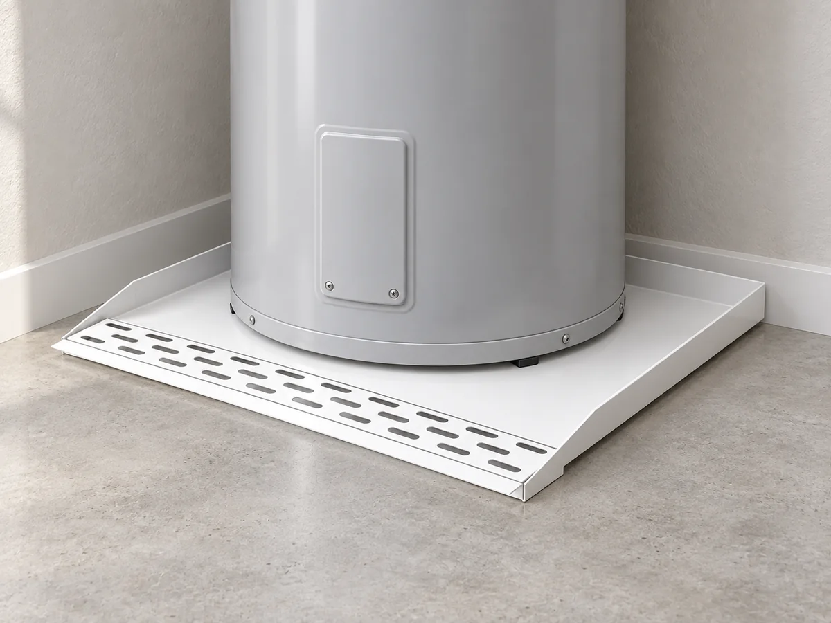 29-inch white open-front trench drain pan in an illustrative water-heater installation