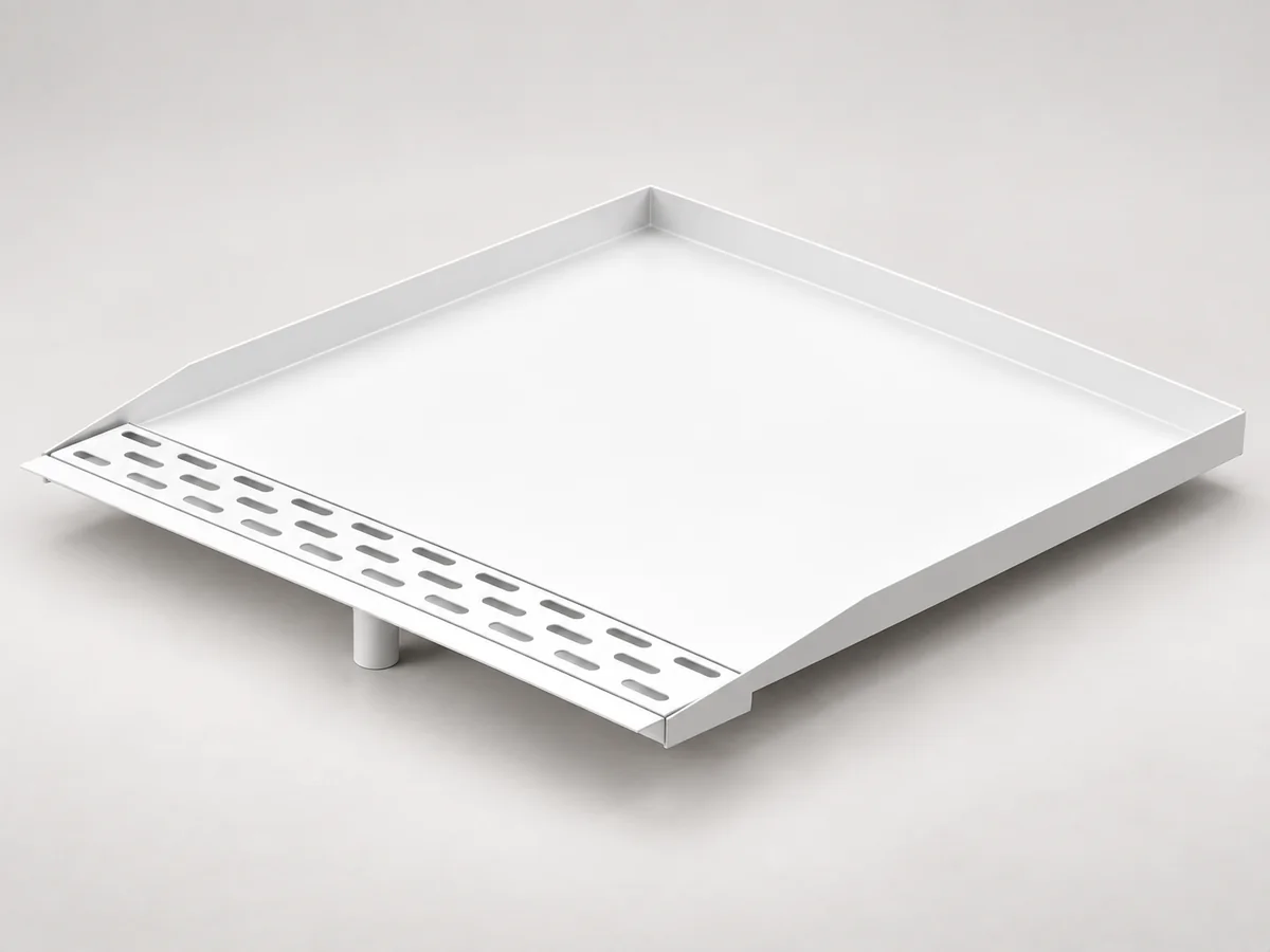 29-inch white open-front trench drain pan on a neutral studio background