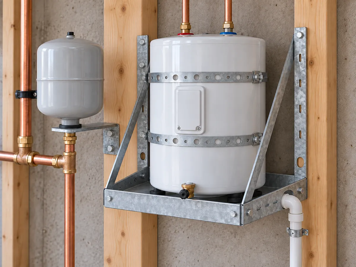 Compact heater on galvanized wall-hanging platform with two straps and bracket-supported expansion tank