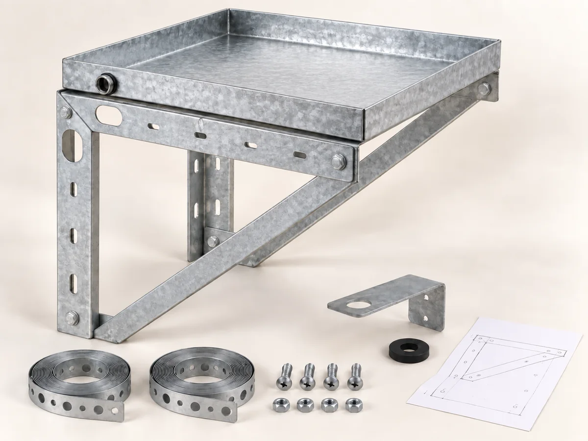 Galvanized wall-standing platform kit with two straps, expansion bracket, rubber washer and hardware