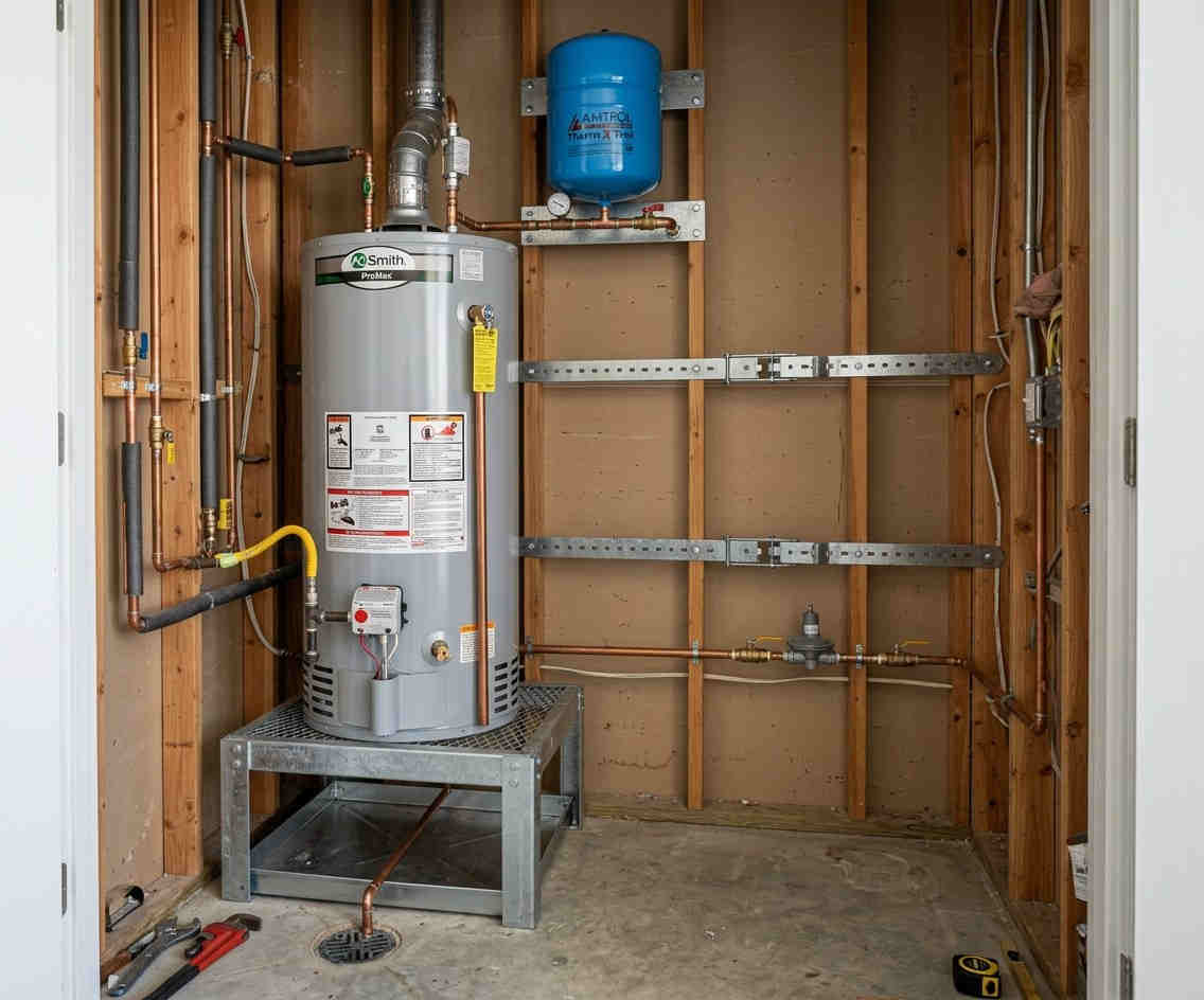 RI-12200 Water Heater Stand Full Kit with Expansion Tank Bracket and Seismic Straps product application image