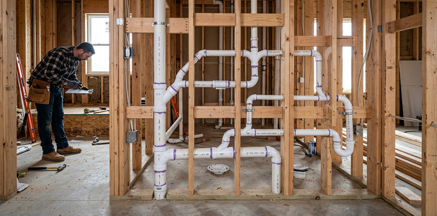 ABS DWV pipe rough-in showing drain lines and vent stacks in wall framing