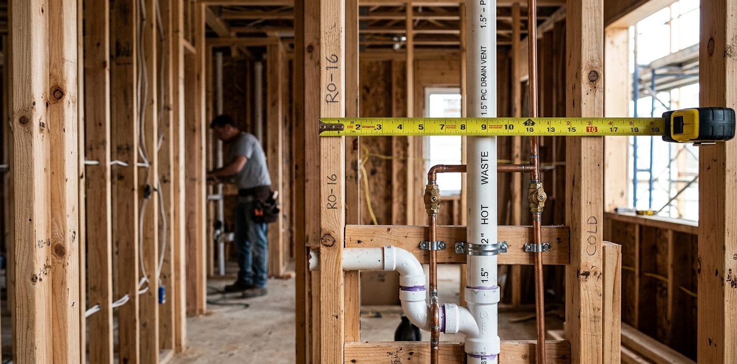 Plumber measuring rough-in supply stub-out height in a framed residential bathroom