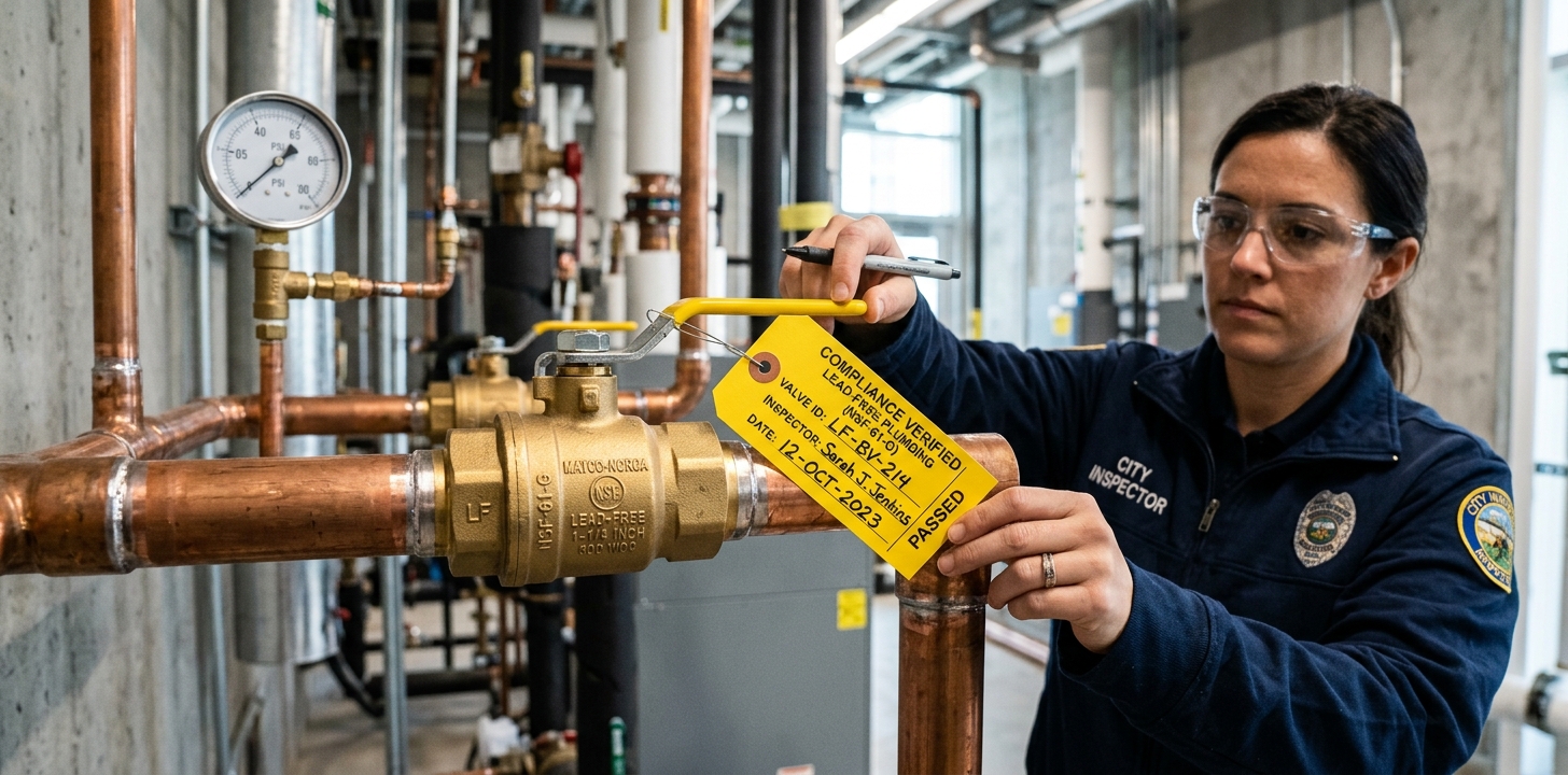 NSF certification mark on a brass ball valve spec sheet