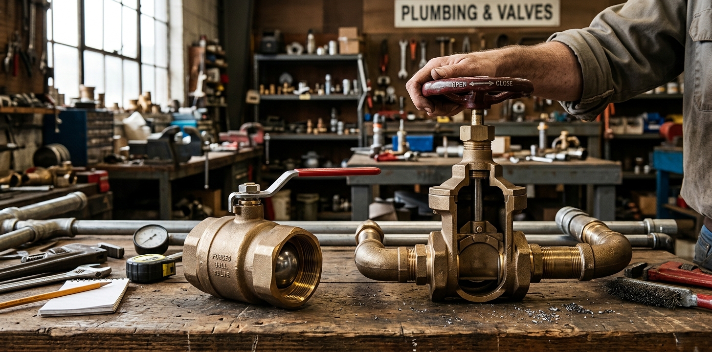 Side-by-side comparison of a brass ball valve and a bronze gate valve for rough-in supply