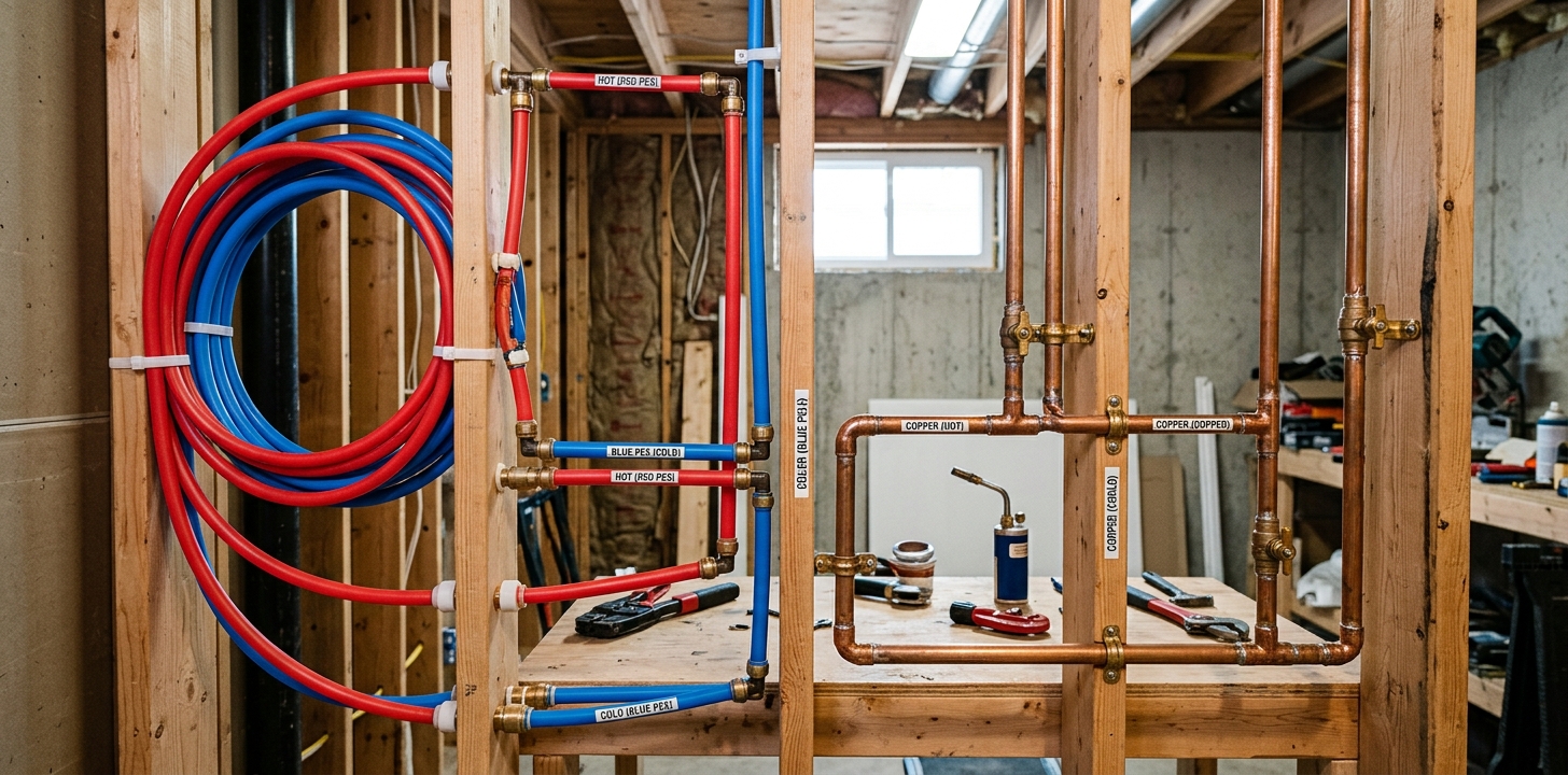 PEX tubing coil and copper pipe side by side for comparison